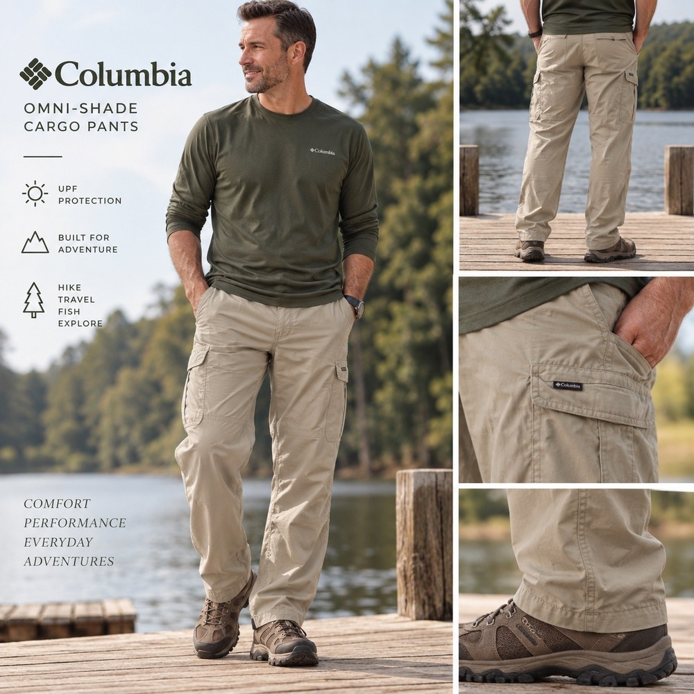 Columbia Omni Shade Cargo Hiking Pants Men's 42W 34L Beige UPF Outdoor Fishing
